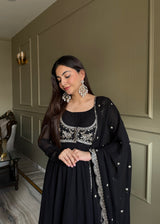 DESIGNER BLACK ETHNIC GOWN SET WITH SCALLOPED BORDER DUPATTA