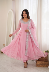 BLUSH PINK EMBROIDERED NECKLINE ANARKALI DRESS WITH SCALLOPED DUPATTA
