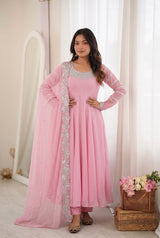 BLUSH PINK EMBROIDERED NECKLINE ANARKALI DRESS WITH SCALLOPED DUPATTA