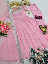 BLUSH PINK EMBROIDERED NECKLINE ANARKALI DRESS WITH SCALLOPED DUPATTA