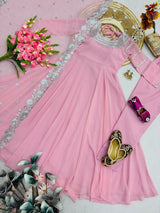 BLUSH PINK EMBROIDERED NECKLINE ANARKALI DRESS WITH SCALLOPED DUPATTA