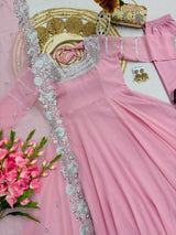 BLUSH PINK EMBROIDERED NECKLINE ANARKALI DRESS WITH SCALLOPED DUPATTA