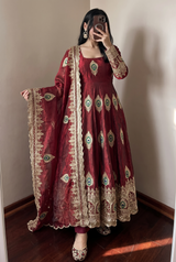 PEACOCK EMBROIDERED SILK ANARKALI GOWN SET WITH DUPATTA