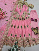 PEACOCK EMBROIDERED SILK ANARKALI GOWN SET WITH DUPATTA