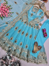 PEACOCK EMBROIDERED SILK ANARKALI GOWN SET WITH DUPATTA