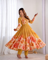 STUNNING YELLOW ROSE FLORAL FLARED ANARKALI DRESS WITH MATCHING TROUSERS