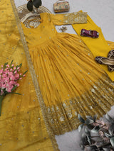 HALDI SPECIAL GOLD EMBROIDERED ANARKALI GOWN SET WITH DUPATTA