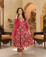 KIDS ROSE PINK FLORAL ETHNIC GOWN SET WITH EMBROIDERED NECKLINE
