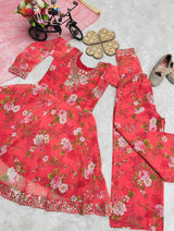 KIDS ROSE PINK FLORAL ETHNIC GOWN SET WITH EMBROIDERED NECKLINE