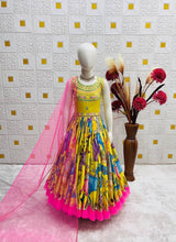 DESIGNER KIDS KALAMKARI MOTIF ETHNIC FESTIVE GOWN IN YELLOW AND PINK