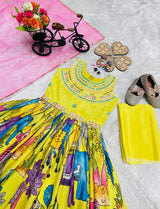 DESIGNER KIDS KALAMKARI MOTIF ETHNIC FESTIVE GOWN IN YELLOW AND PINK