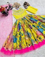 DESIGNER KIDS KALAMKARI MOTIF ETHNIC FESTIVE GOWN IN YELLOW AND PINK