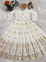 GIRLS OFF-WHITE GOLD EMBROIDERED ANARKALI GOWN WITH DUPATTA