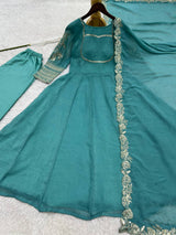 ELEGANT TEAL BLUE ANARKALI SUIT SET WITH GOLDEN EMBROIDERED DUPATTA & SLEEVES