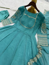 ELEGANT TEAL BLUE ANARKALI SUIT SET WITH GOLDEN EMBROIDERED DUPATTA & SLEEVES