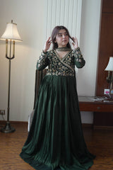 DESIGNER BOTTLE GREEN ETHNIC GOWN SET WITH MATCHING DUPATTA