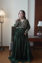 DESIGNER BOTTLE GREEN ETHNIC GOWN SET WITH MATCHING DUPATTA