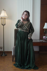 DESIGNER BOTTLE GREEN ETHNIC GOWN SET WITH MATCHING DUPATTA