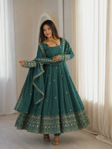 FESTIVE LONG FLARED ANARKALI GOWN SET WITH HEAVY CUFF & HEM EMBROIDERY