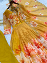 STUNNING YELLOW ROSE FLORAL FLARED ANARKALI DRESS WITH MATCHING TROUSERS