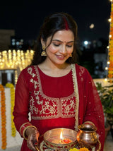 RED EMBROIDERED ANARKALI SUIT SET FOR KARWA CHAUTH & FESTIVE WEAR