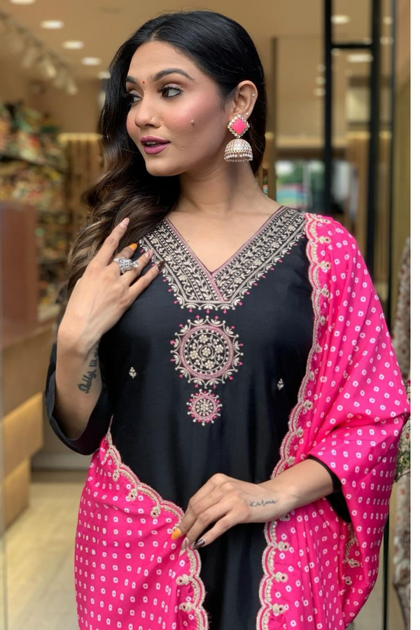 Outstanding Black Silk Suit With Pink Dupatta