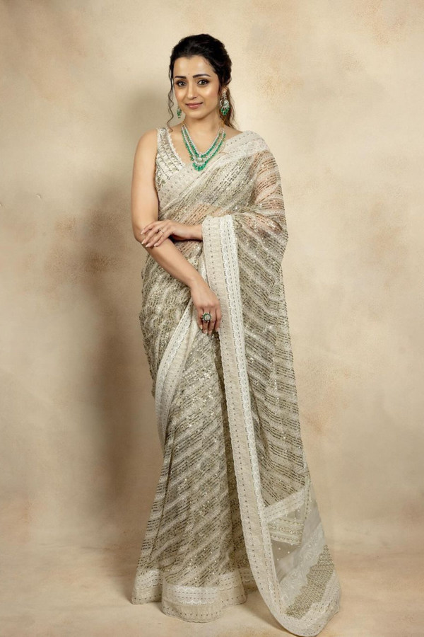 Delectable White Butterfly Net Sequence Cotton Work Saree