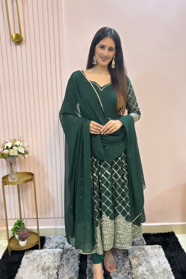 Natural Green Georgette Sequence Work Gown