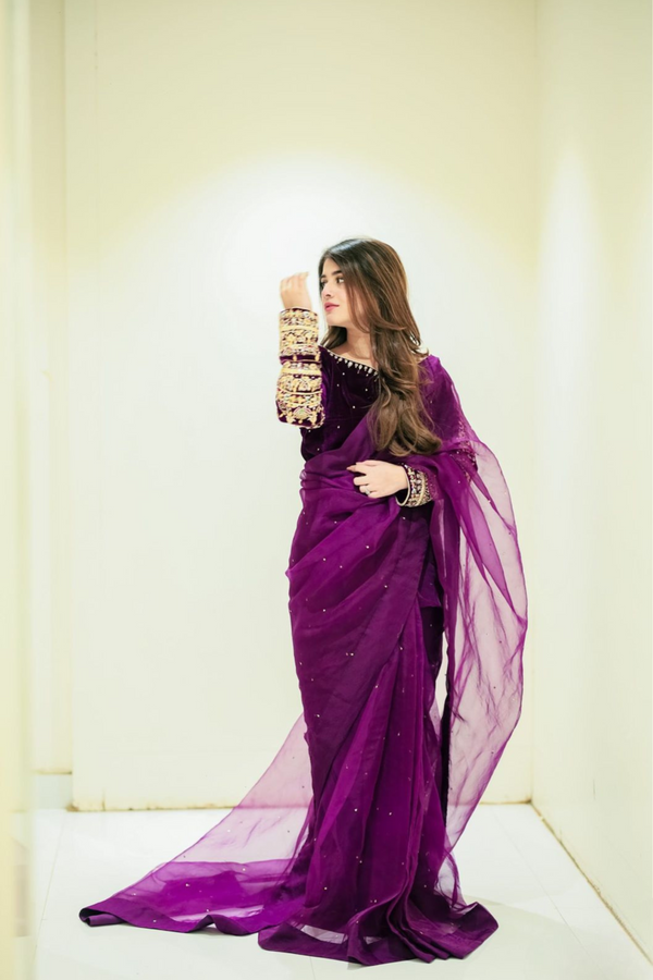 Pleasant Purple Moti Work Saree With Velvet Work Blouse