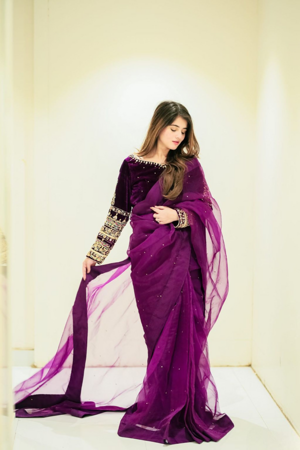 Pleasant Purple Moti Work Saree With Velvet Work Blouse