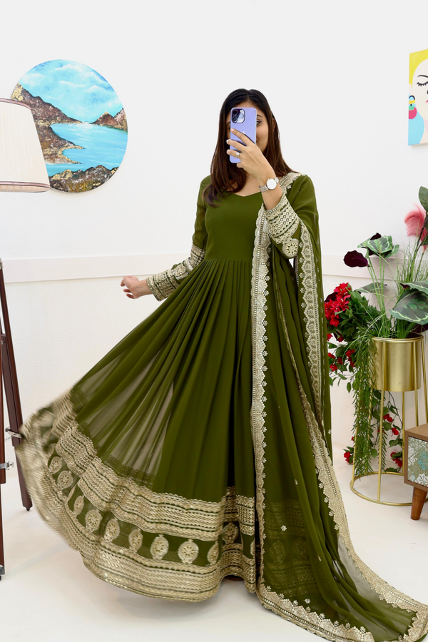 Natural Green Color georgette Gown