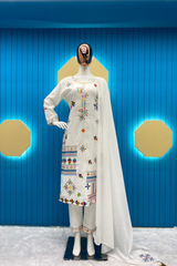 White Designer Embroidery With Mirror Work Suit