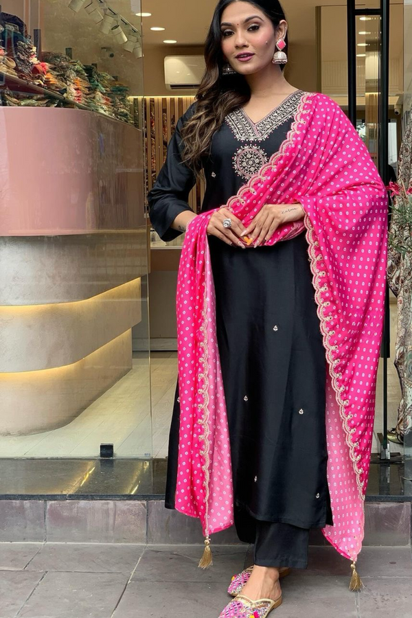 Outstanding Black Silk Suit With Pink Dupatta