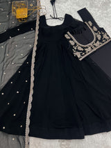 DESIGNER BLACK ETHNIC GOWN SET WITH SCALLOPED BORDER DUPATTA