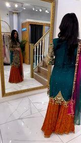 Heavy Designer Sharara Suit in Petrol Color