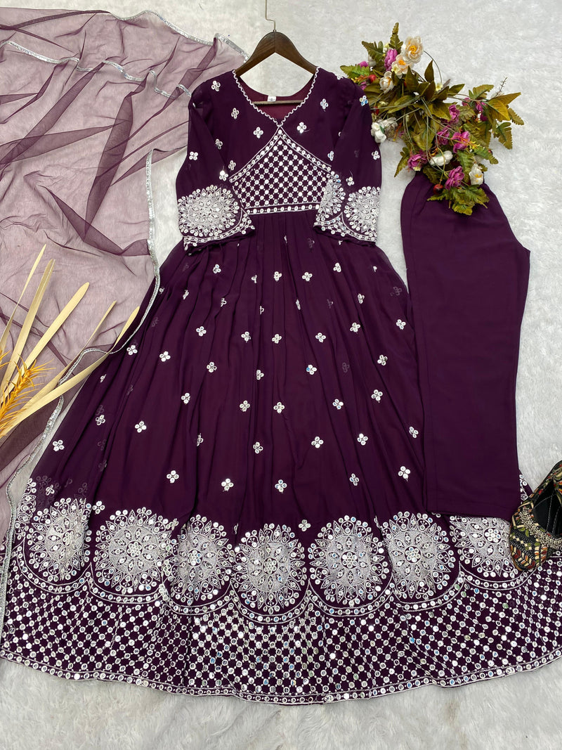 Popular Purple Cotton Embroidery Work Gown