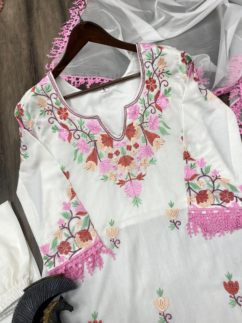 White Maslin Embroidered suit