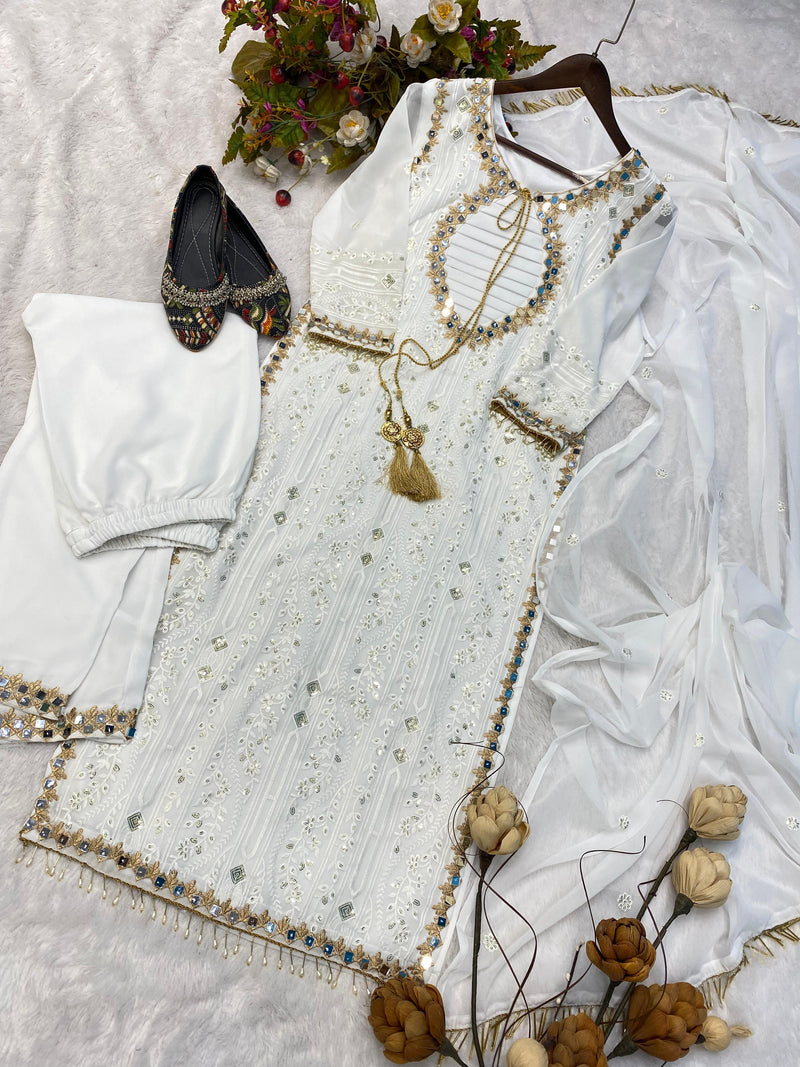 Pleasant White Real Mirror Work Suit