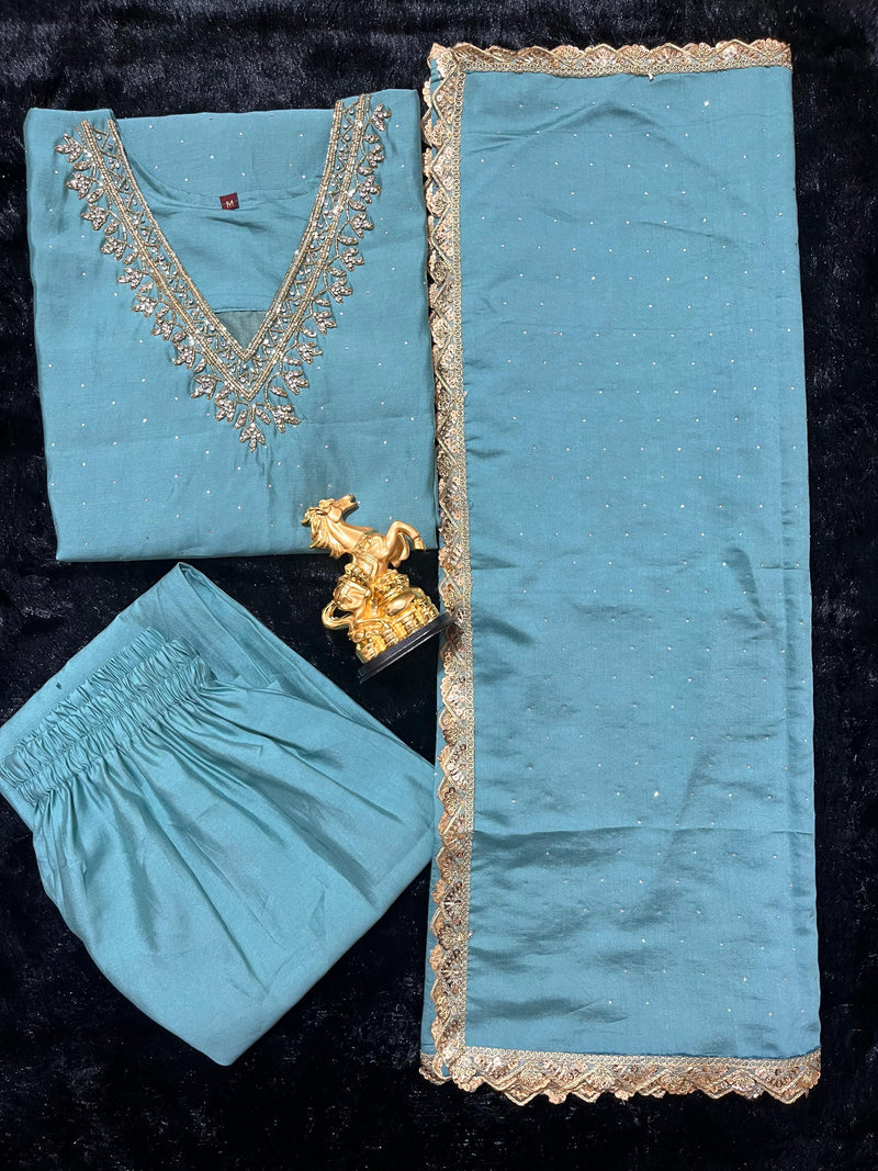 HANDWORK  REAL MIRROR WORK SILK SUIT