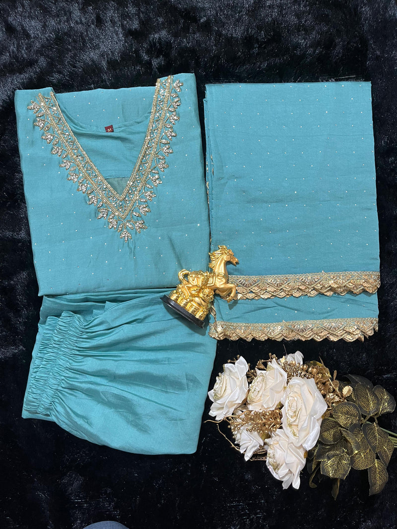 HANDWORK  REAL MIRROR WORK SILK SUIT