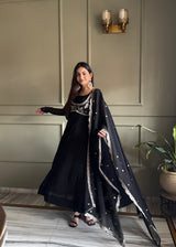 DESIGNER BLACK ETHNIC GOWN SET WITH SCALLOPED BORDER DUPATTA