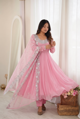 BLUSH PINK EMBROIDERED NECKLINE ANARKALI DRESS WITH SCALLOPED DUPATTA