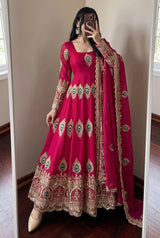 PEACOCK EMBROIDERED SILK ANARKALI GOWN SET WITH DUPATTA