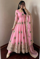 PEACOCK EMBROIDERED SILK ANARKALI GOWN SET WITH DUPATTA