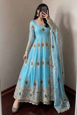 PEACOCK EMBROIDERED SILK ANARKALI GOWN SET WITH DUPATTA