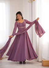 FESTIVE PARTY WEAR MAUVE ANARKALI SUIT SET WITH SLEEK ZARI BORDER
