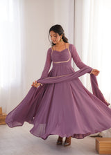 FESTIVE PARTY WEAR MAUVE ANARKALI SUIT SET WITH SLEEK ZARI BORDER