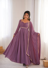 FESTIVE PARTY WEAR MAUVE ANARKALI SUIT SET WITH SLEEK ZARI BORDER