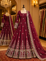 LUXURIOUS BURGUNDY EMBROIDERED ANARKALI GOWN SET FOR WEDDINGS & BRIDAL WEAR