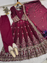 LUXURIOUS BURGUNDY EMBROIDERED ANARKALI GOWN SET FOR WEDDINGS & BRIDAL WEAR